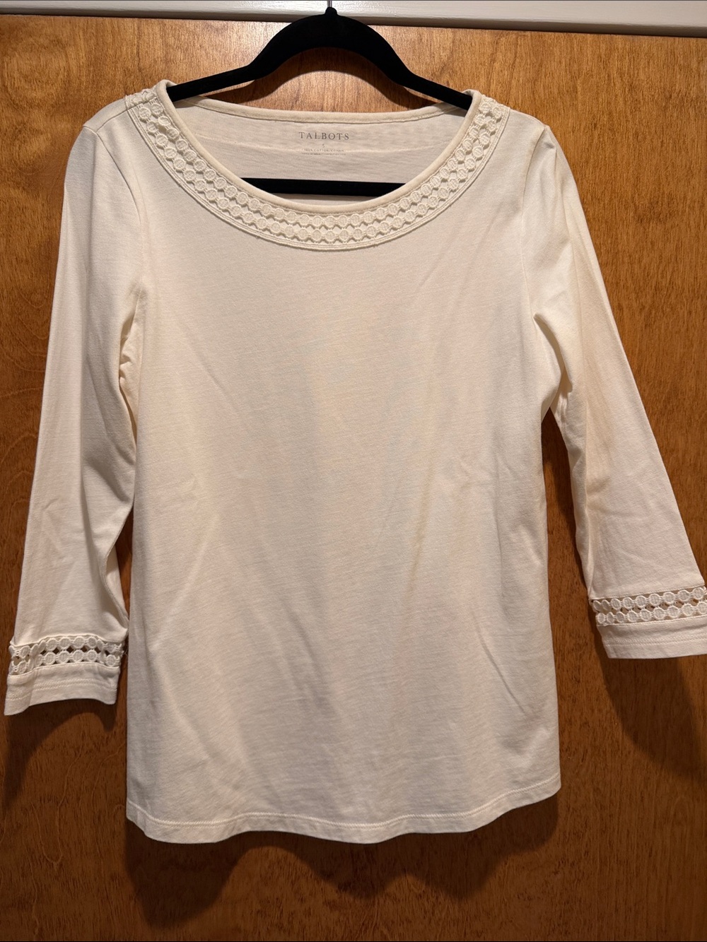 Talbots Cream Crochet-Trim Scoop Neck 3/4 Sleeve Top
